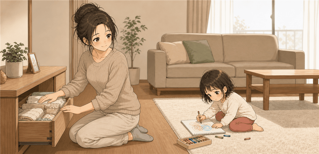 リビングで遊ぶはるなを見守る、漫画と同じ家族のはな