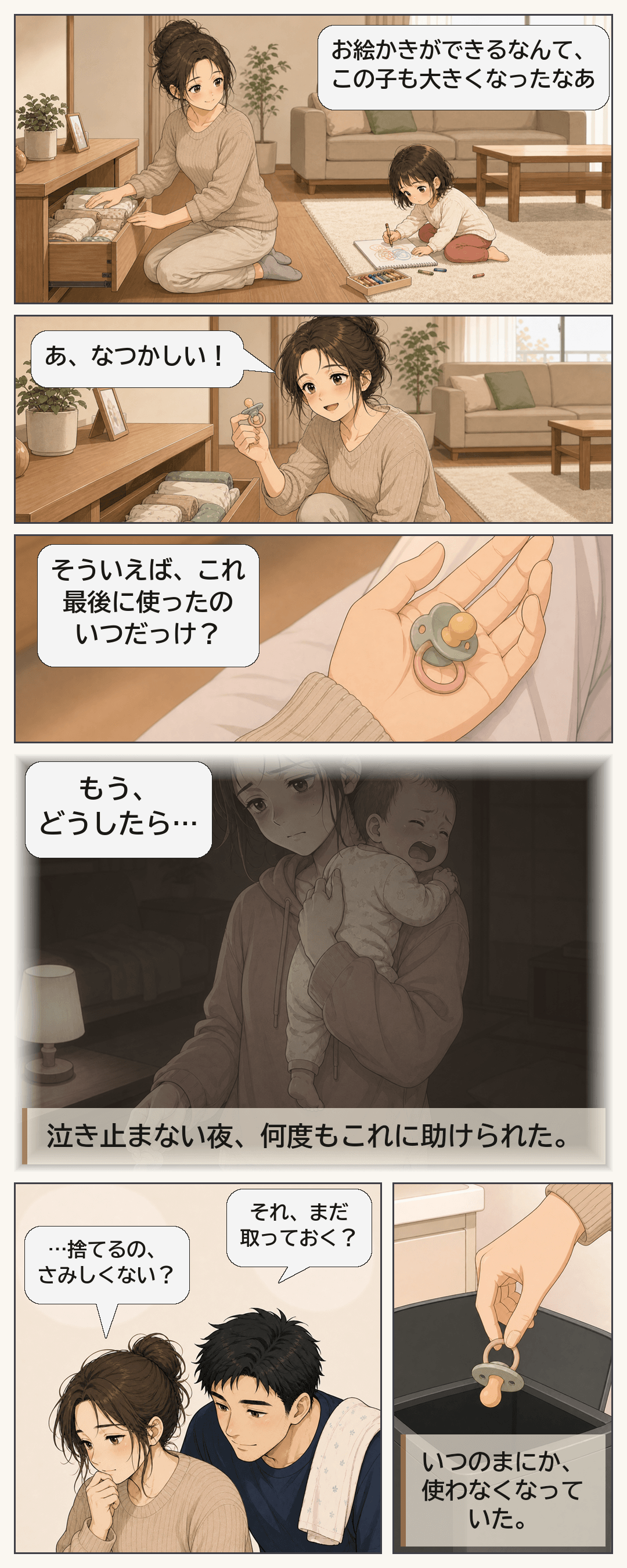 はなが引き出しの奥で懐かしいおしゃぶりを見つけ、最後に使った日を思い出せないことに気づく。夜、だいちと捨てるか残すかを迷う。
