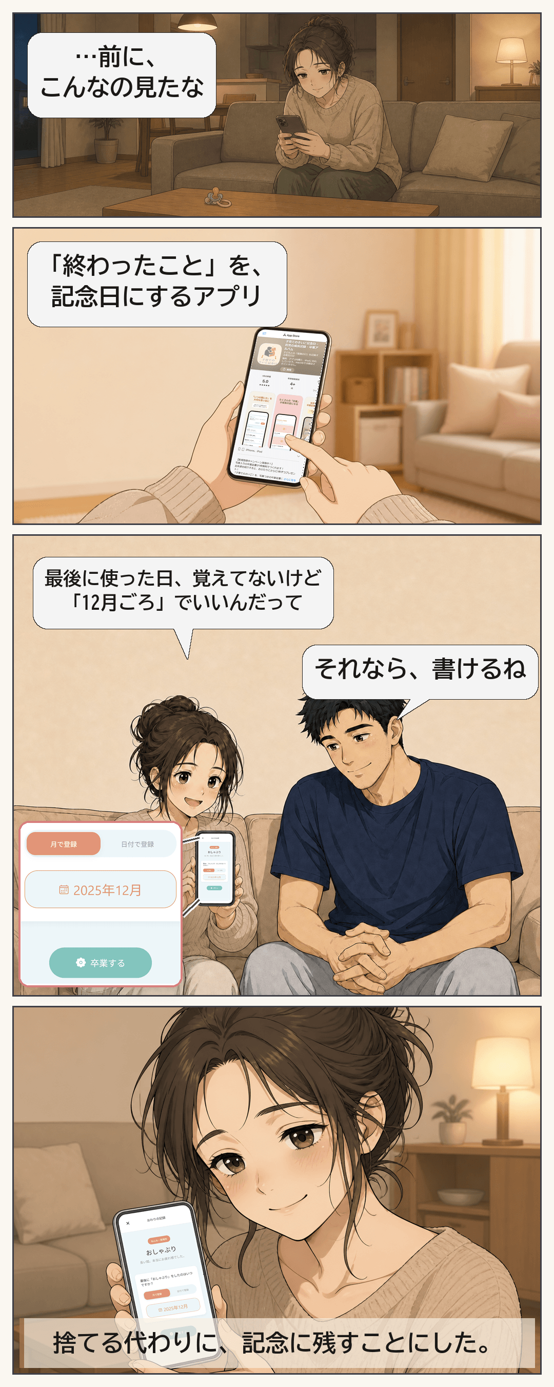 はなが「終わったこと」を記念日にするアプリを見つける。正確な最後の日が分からなくても「12月ごろ」で記録できると知る。