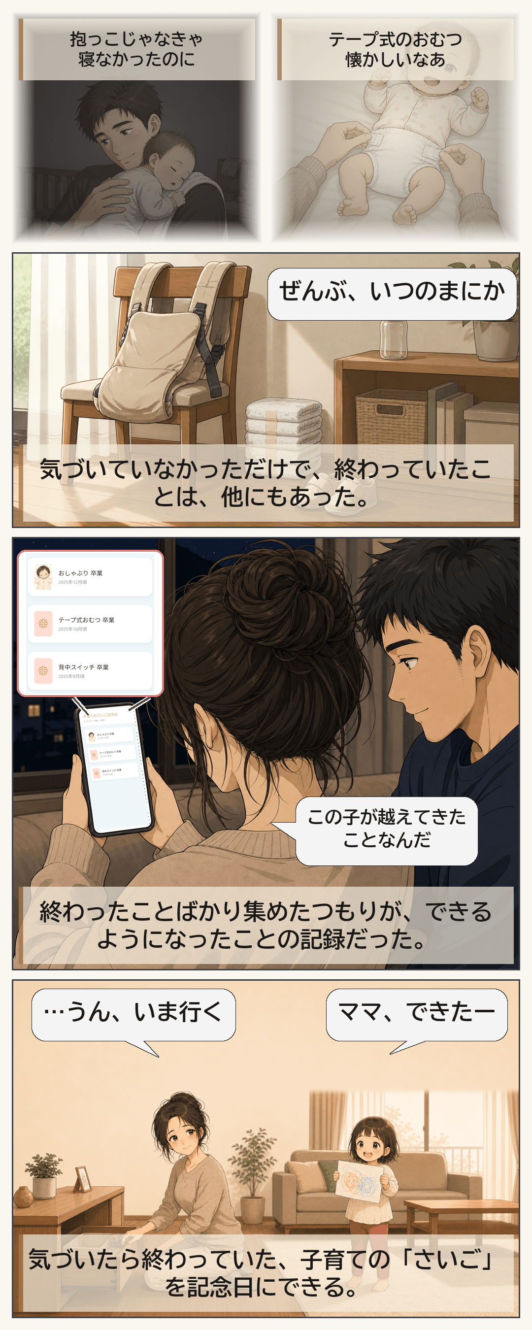 抱っこでの寝かしつけやテープ式おむつなど、気づかないうちに終わっていた子育てを思い出し、成長の記録として残していく。