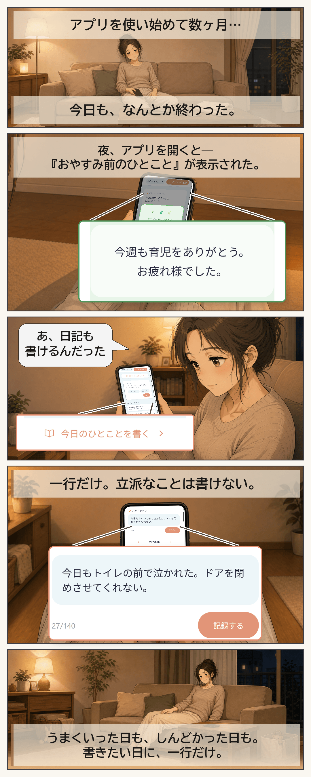 アプリを使い始めて数ヶ月。夜、アプリを開いたときに表示された「おやすみ前のひとこと」をきっかけに、はなが、しんどかった日の気持ちを一行の日記に残す。