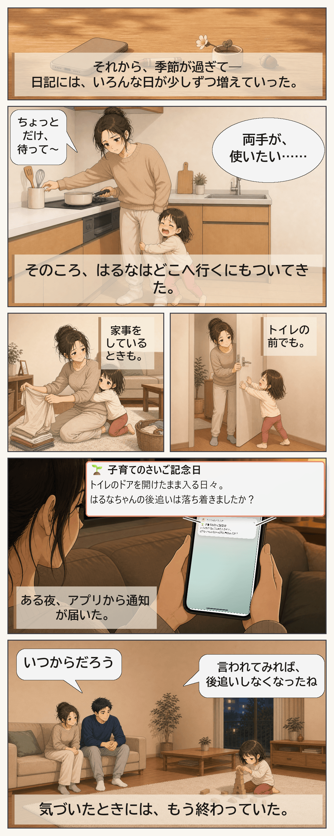 季節が過ぎ、日記が少しずつ増えた頃。アプリの通知を見たはなとだいちは、はるながトイレまで後追いしなくなったことに気づく。