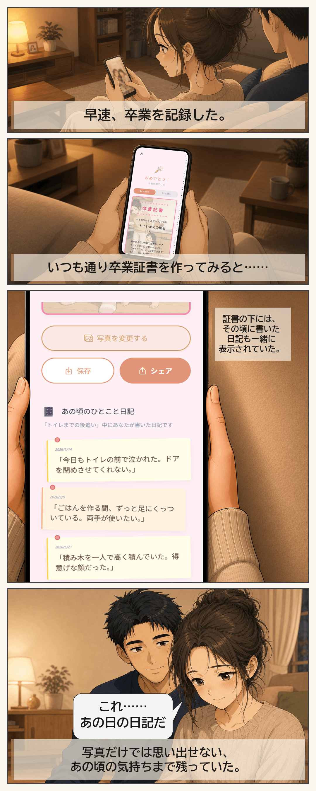後追いの卒業証書を作ると、その頃に書いたひとこと日記が証書画面に並び、写真だけでは思い出せない当時の気持ちがよみがえる。