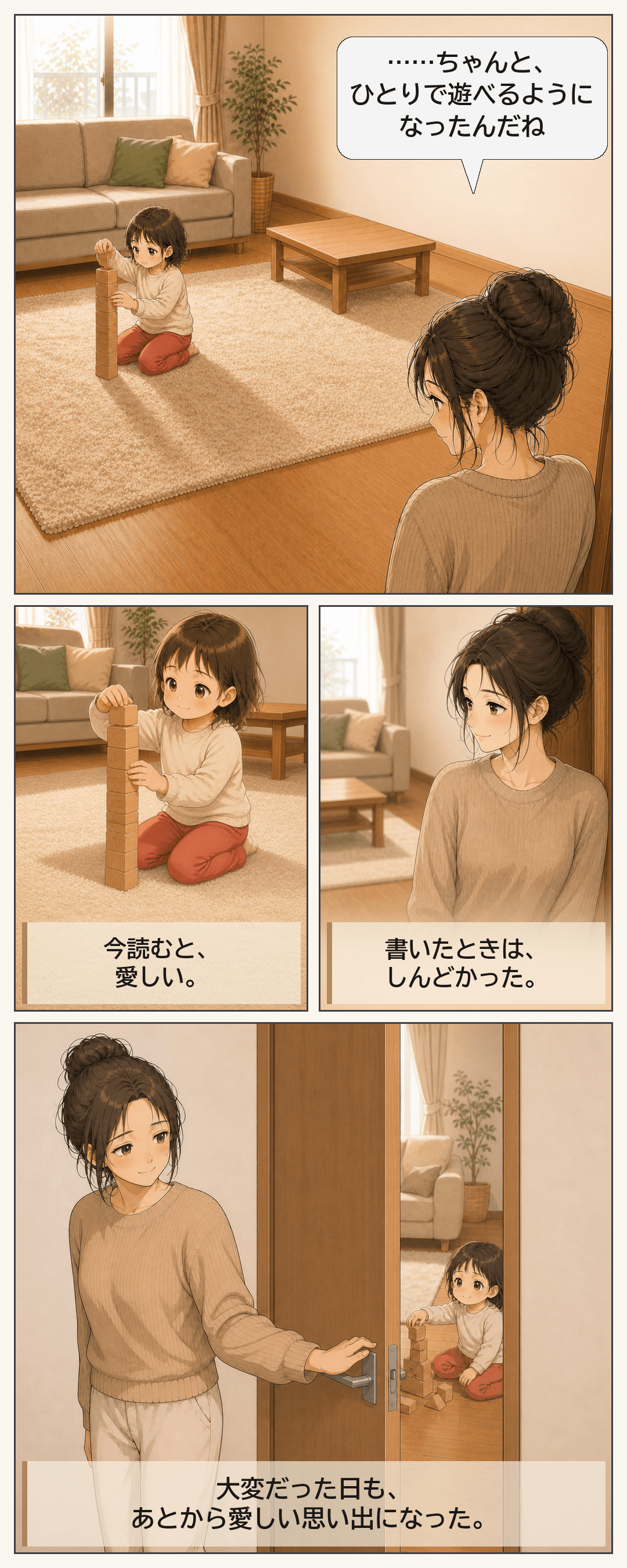 リビングで一人遊びをするはるなを見つめるはな。書いたときはしんどかった日々も、あとから読むと愛しい思い出になっていた。